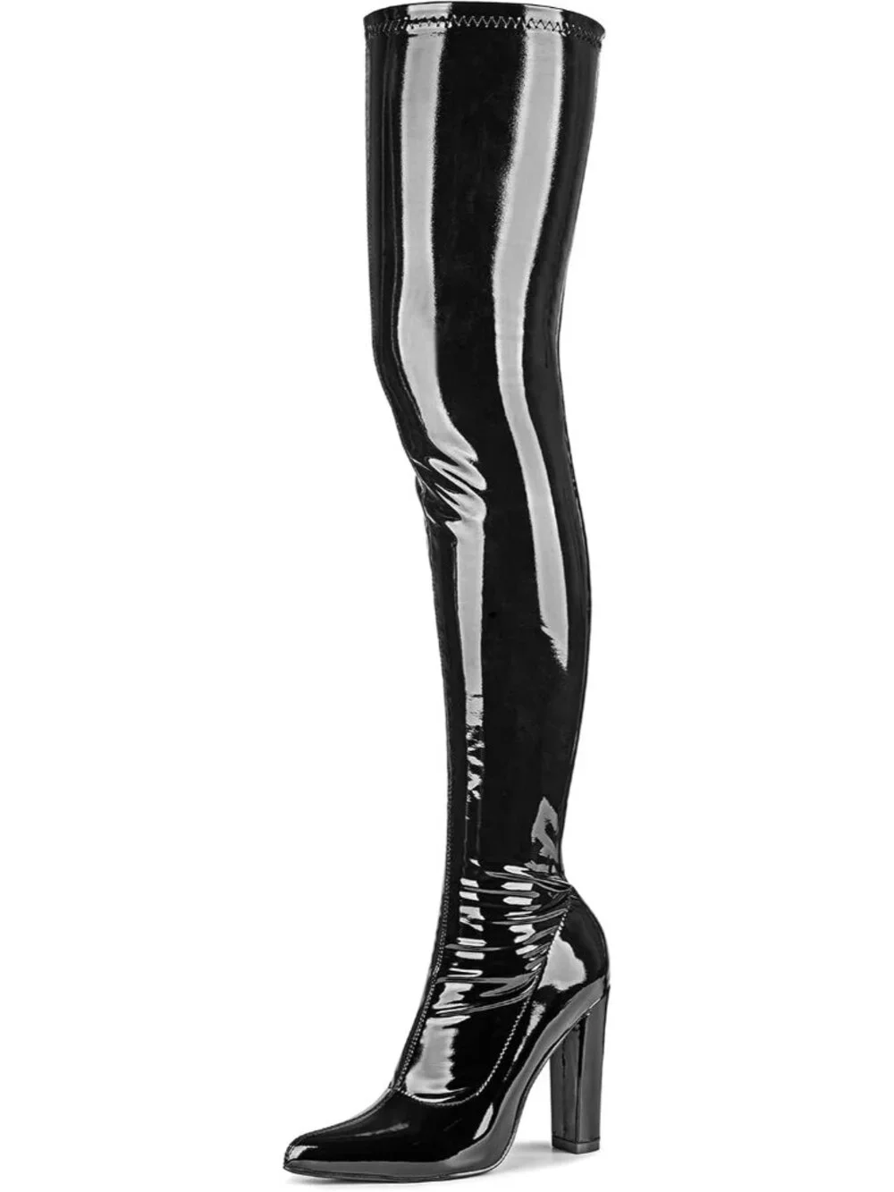 Women's Black Heeled Pointed Toe Patent Leather Over The Knee Thigh High Boots